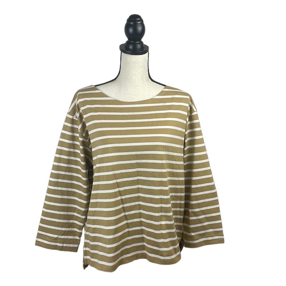 Free Assembly Women's Sailor T-Shirt SZ L Tan/White Stripe Quarter Length Sleeve - Picture 4 of 12